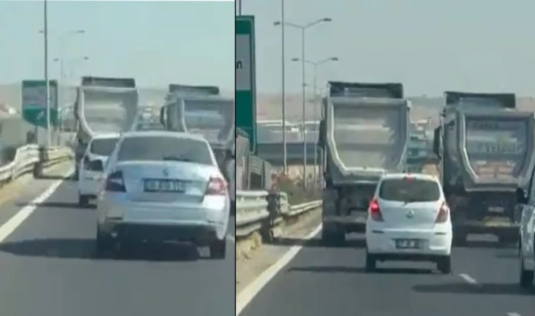 Gaziantep Çevre Yolu’nda iki kamyonun tehlikeli yolculuğu kamerada