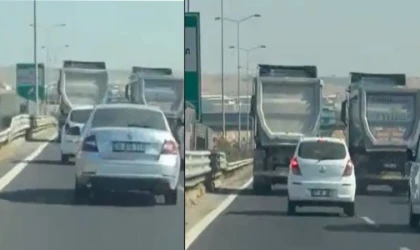 Gaziantep Çevre Yolu’nda iki kamyonun tehlikeli yolculuğu kamerada